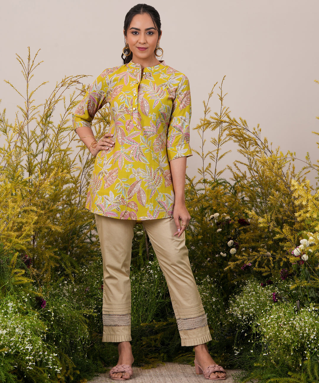  Yellow Printed Silk Blend A-Line Kurti 