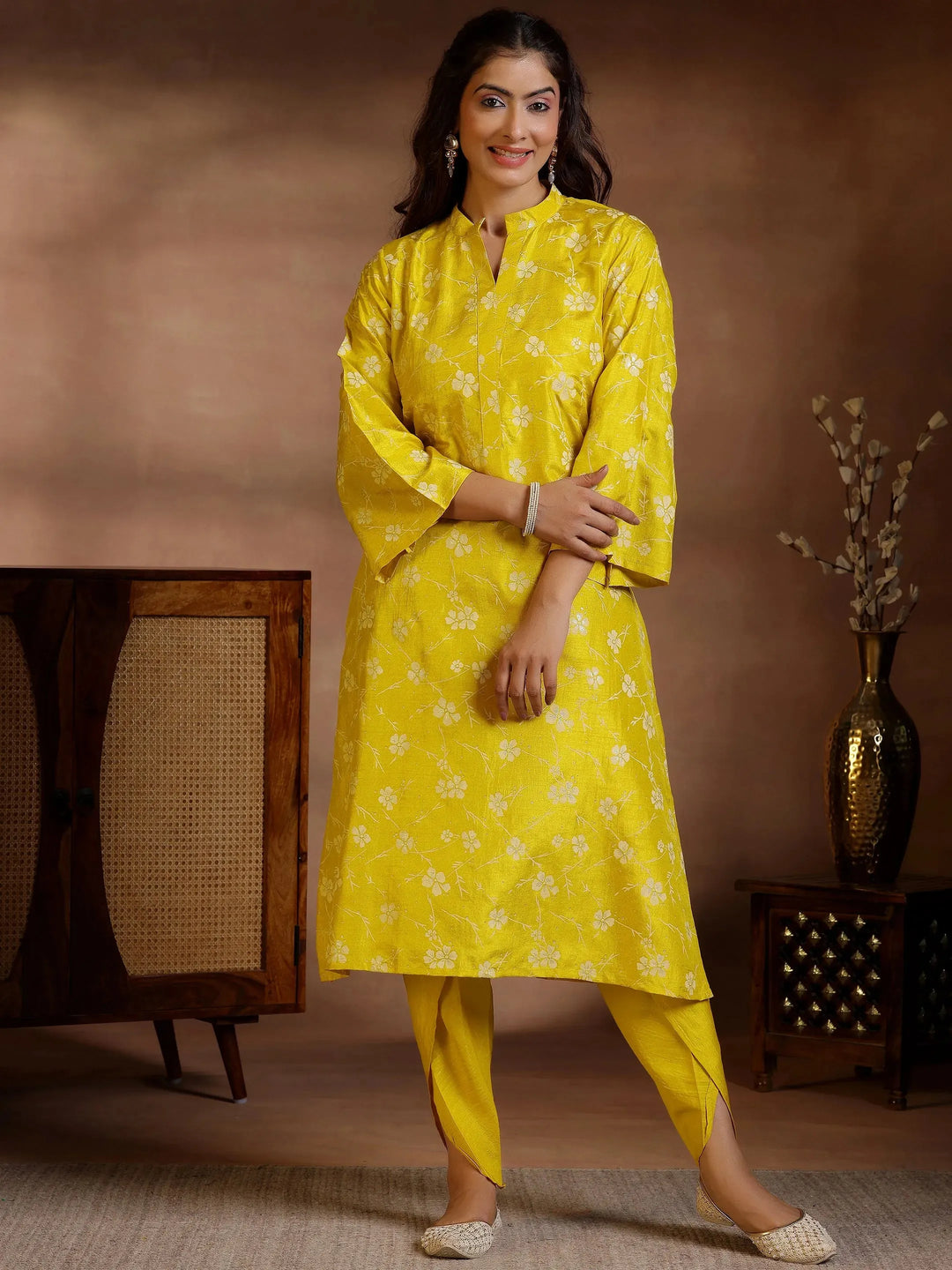  Mustard Printed Silk Blend Straight Kurta Set 
