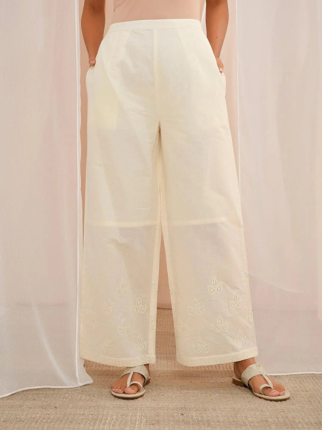 Off White Embroidered Cotton Straight Suit With Dupatta - Libas 