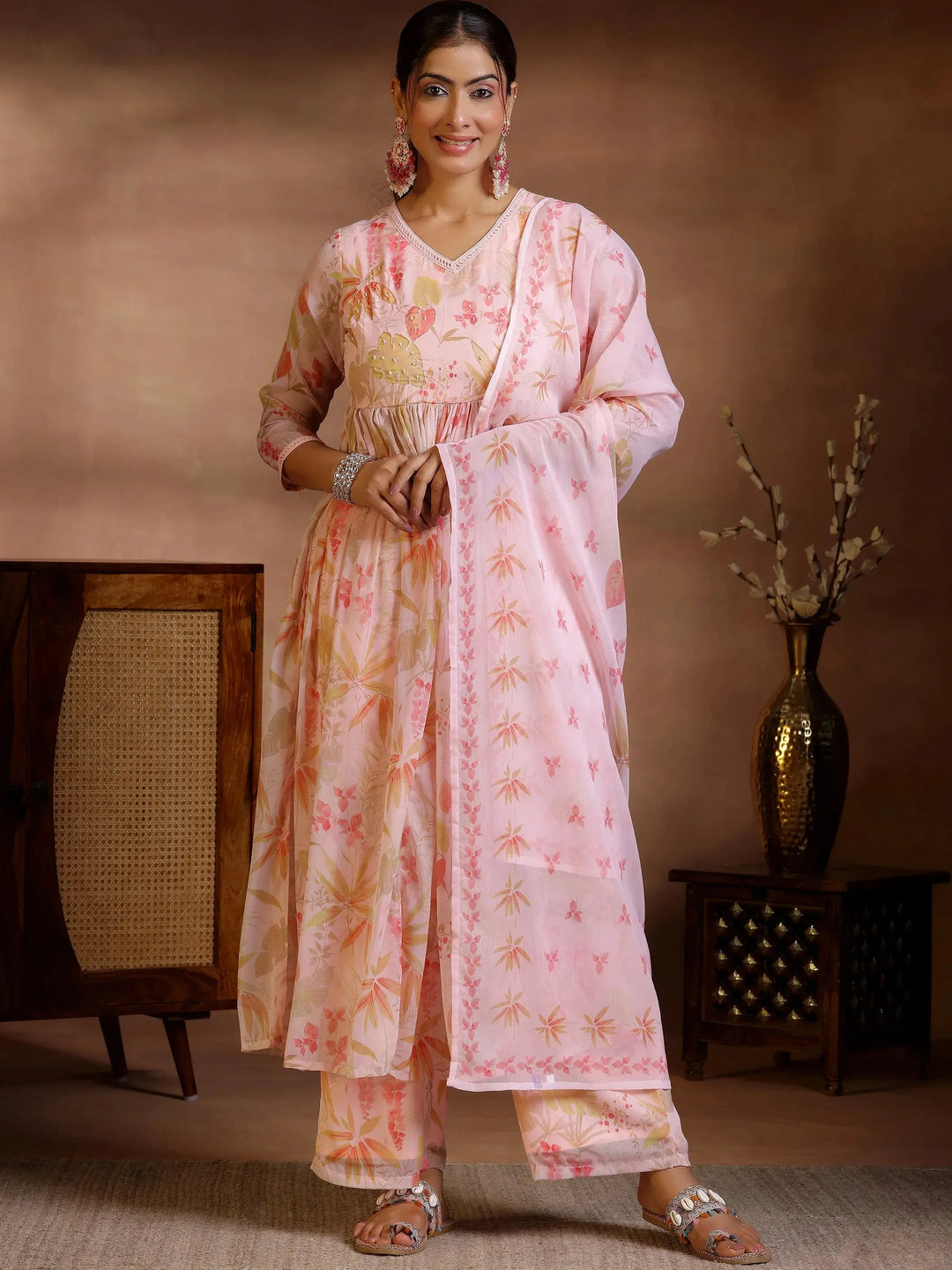  Pink Printed Poly Chiffon A-Line Kurta With Palazzos & Dupatta 