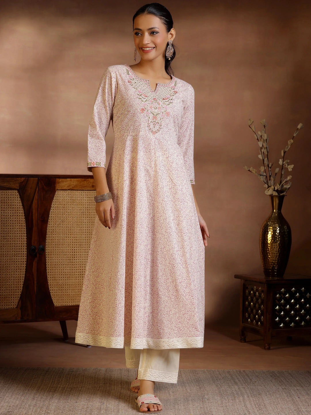  Mauve Printed Cotton Anarkali Kurta With Trousers 