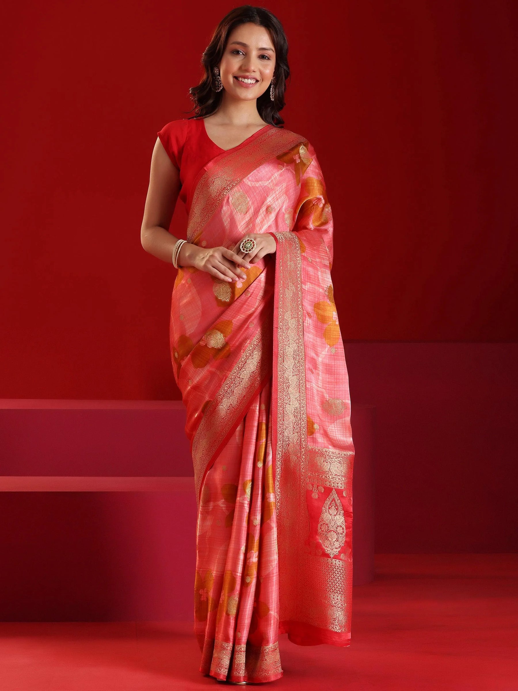 Libas Art Peach Printed Satin Saree With Unstitched Blouse Piece