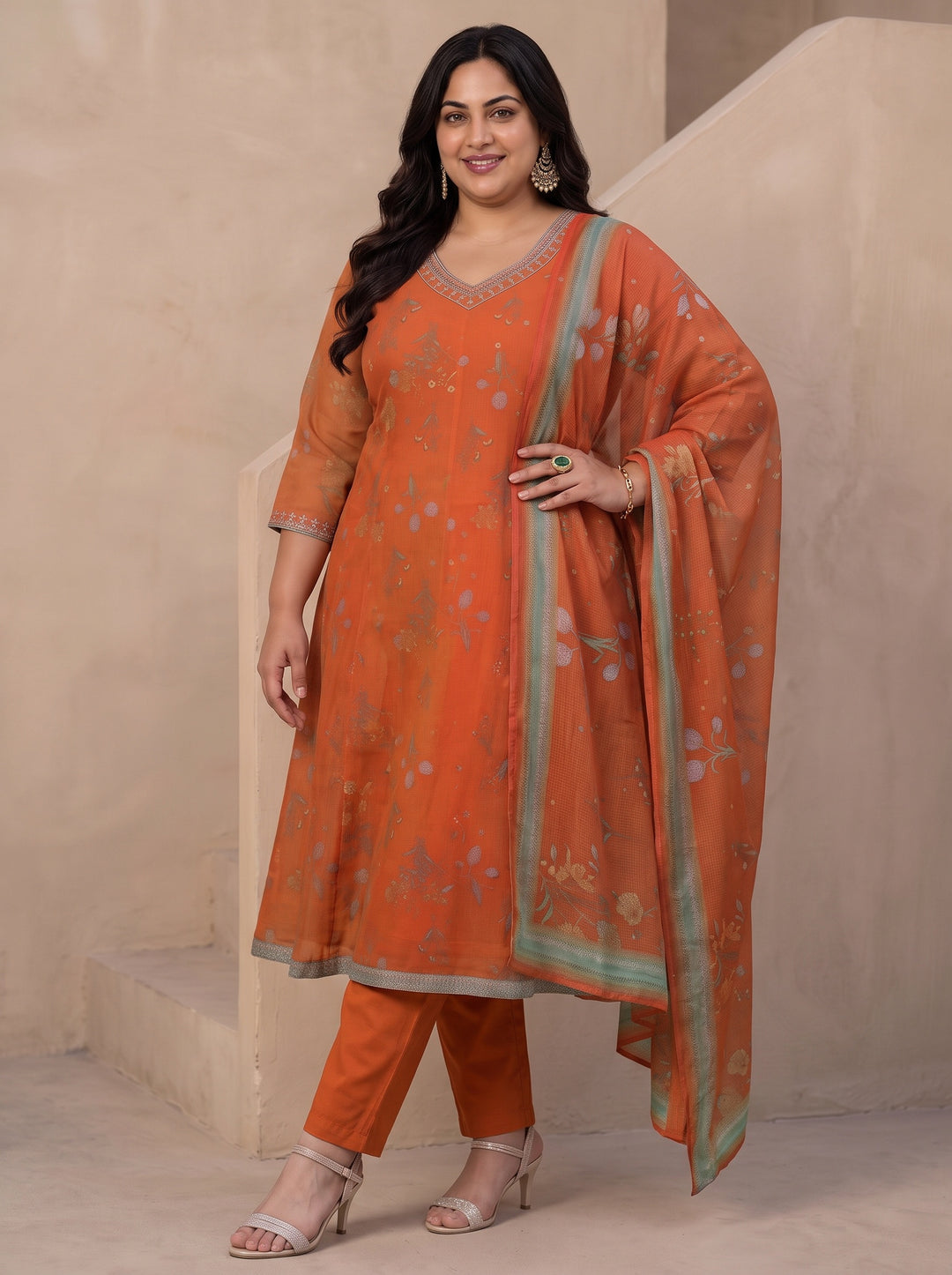  Plus Size Orange Floral Printed Chiffon A-Line Suit Set 