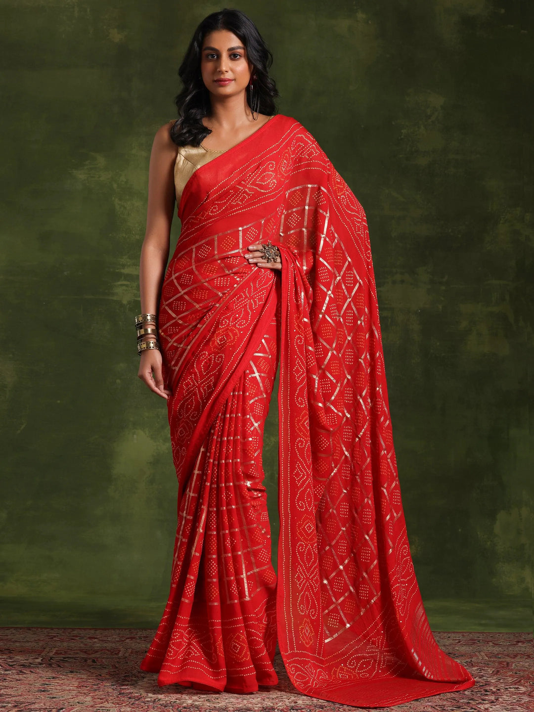 Red Printed Poly Georgette Saree With Unstitched Blouse Piece - Libas 