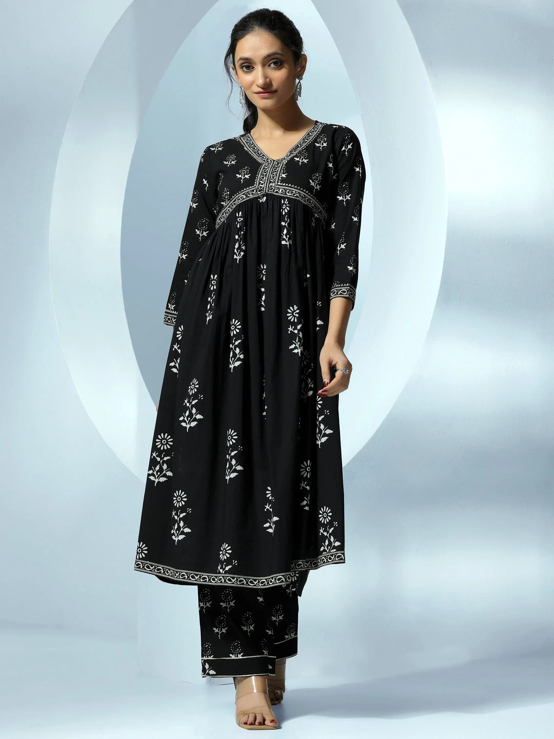  Black Printed Cotton A-Line Kurta With Palazzos 