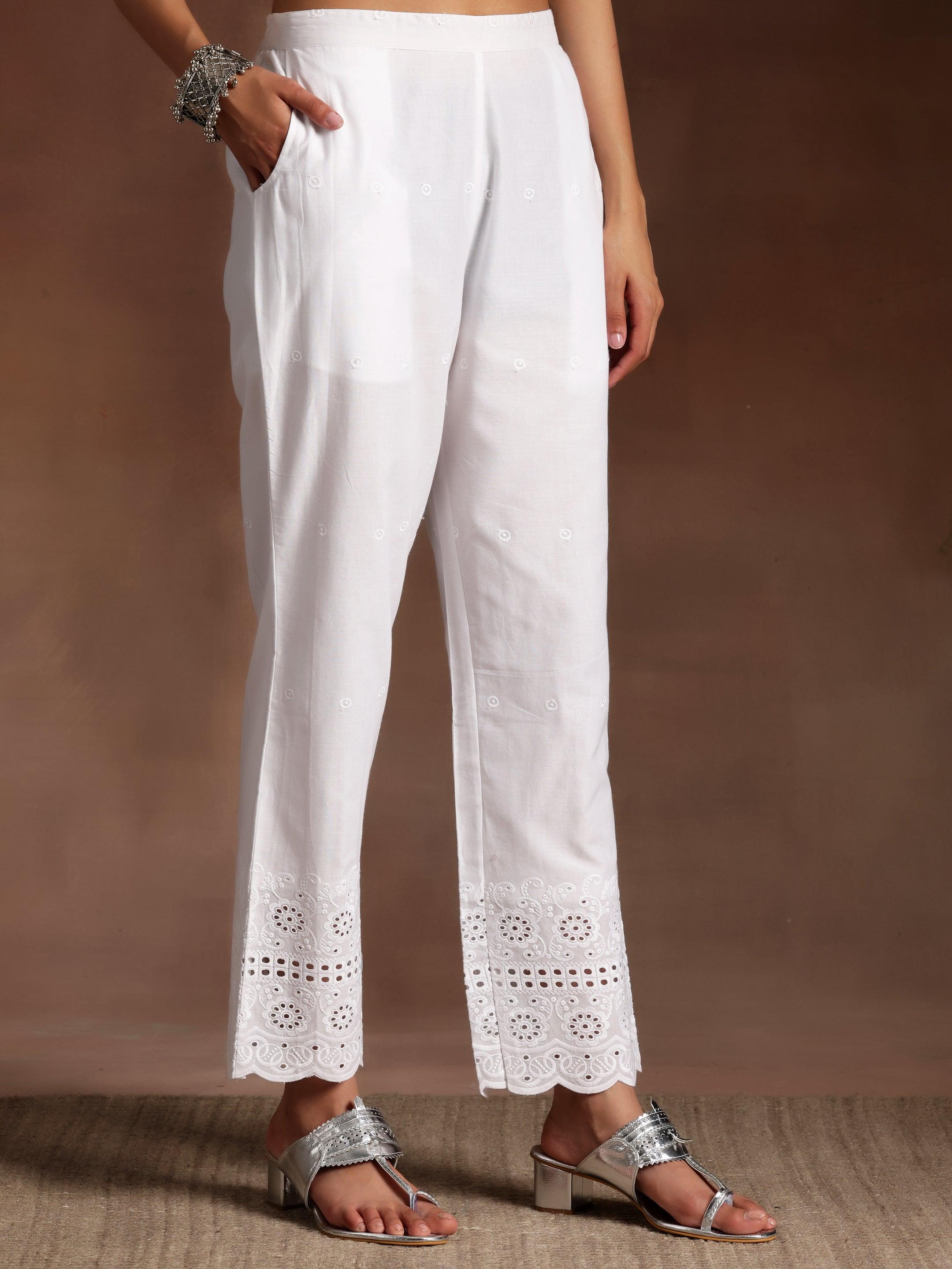 The Kiara Cut White Self Design Cotton A-Line Kurta With Trousers