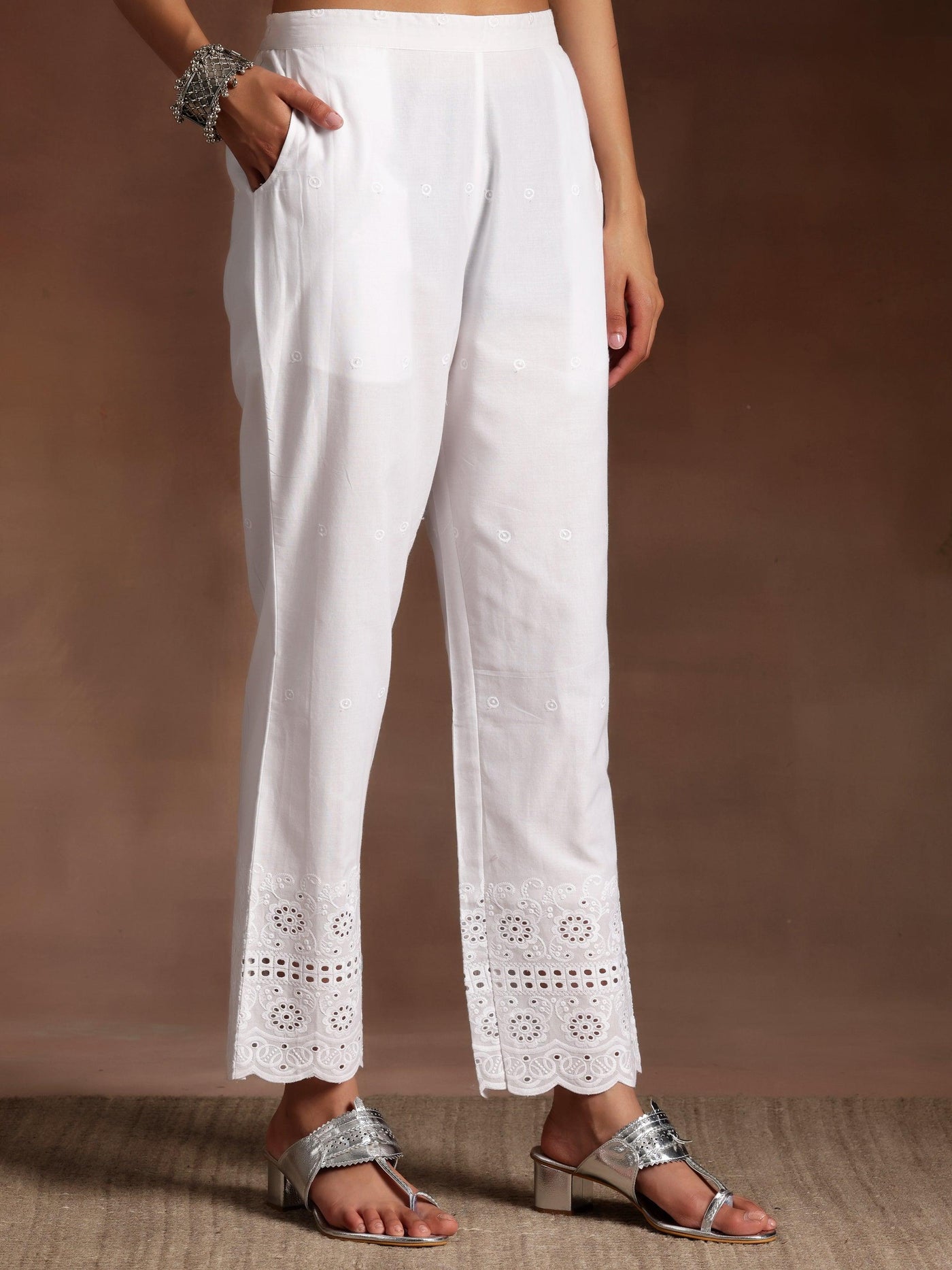 The Kiara Cut White Self Design Cotton A-Line Kurta With Trousers - Libas