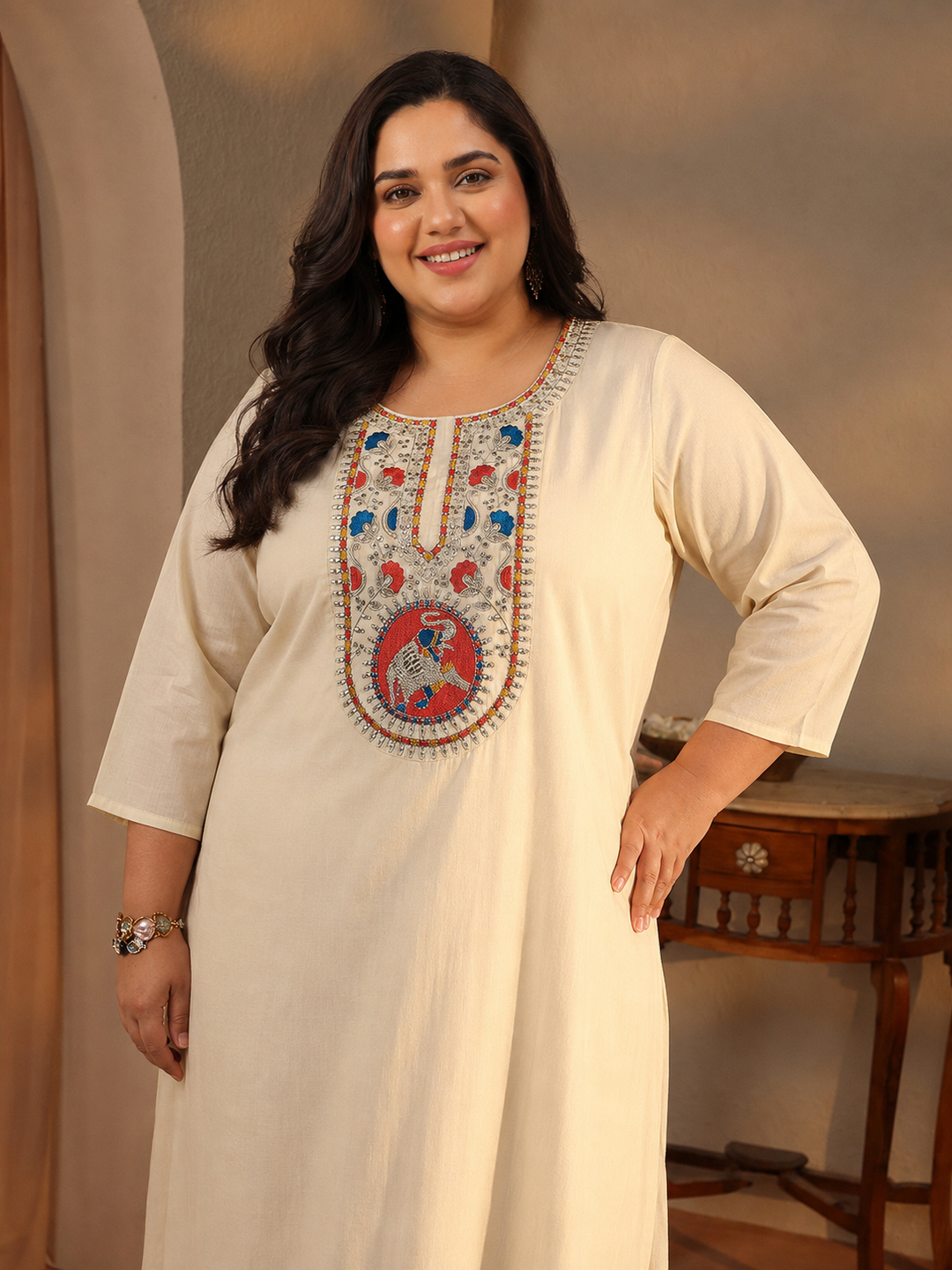  Plus Size Off White Ethnic Motif Printed Chanderi Silk Straight Suit Set 