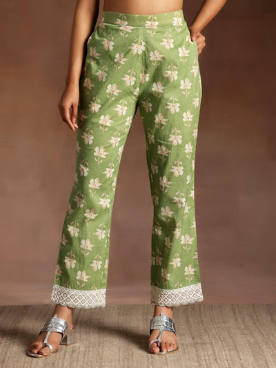 Green Printed Cotton A-Line Kurta With Trousers & Dupatta - Libas