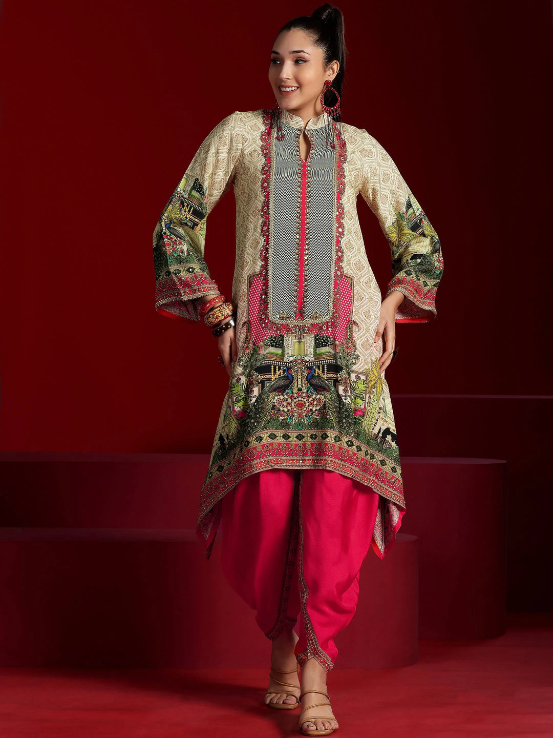  Libas Art Beige Printed Silk Blend Co-Ords 