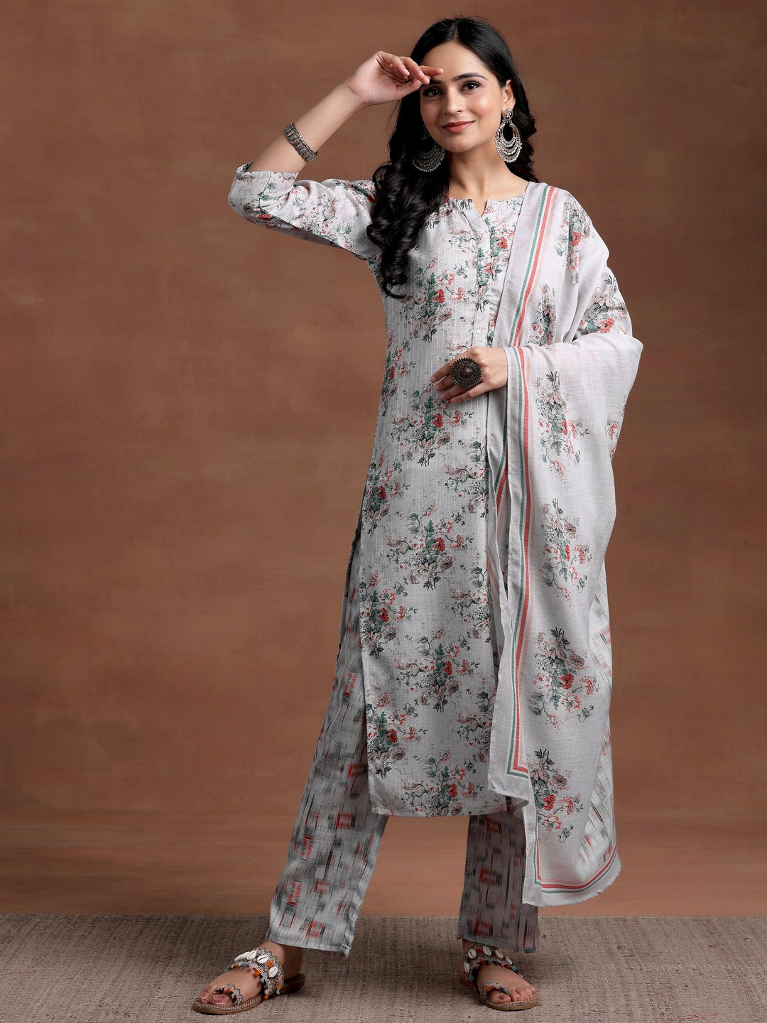 Grey Printed Cotton Straight Suit With Dupatta - Libas