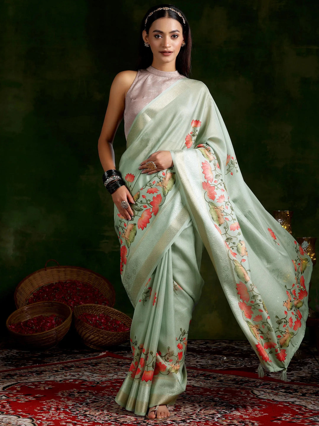  Green Printed Silk Blend Saree With Unstitched Blouse Piece 