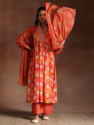 Saanjh Orange Printed Silk Blend A-Line Kurta With Palazzos & Dupatta - Libas
