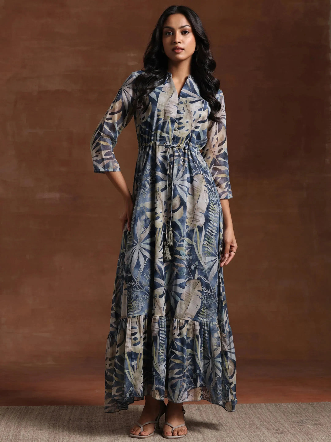  Blue Printed Chiffon A-Line Dress 