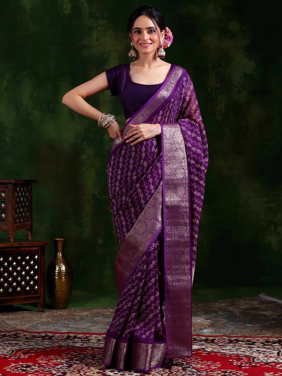 Wine Printed Silk Blend Saree With Unstitched Blouse Piece - Libas 