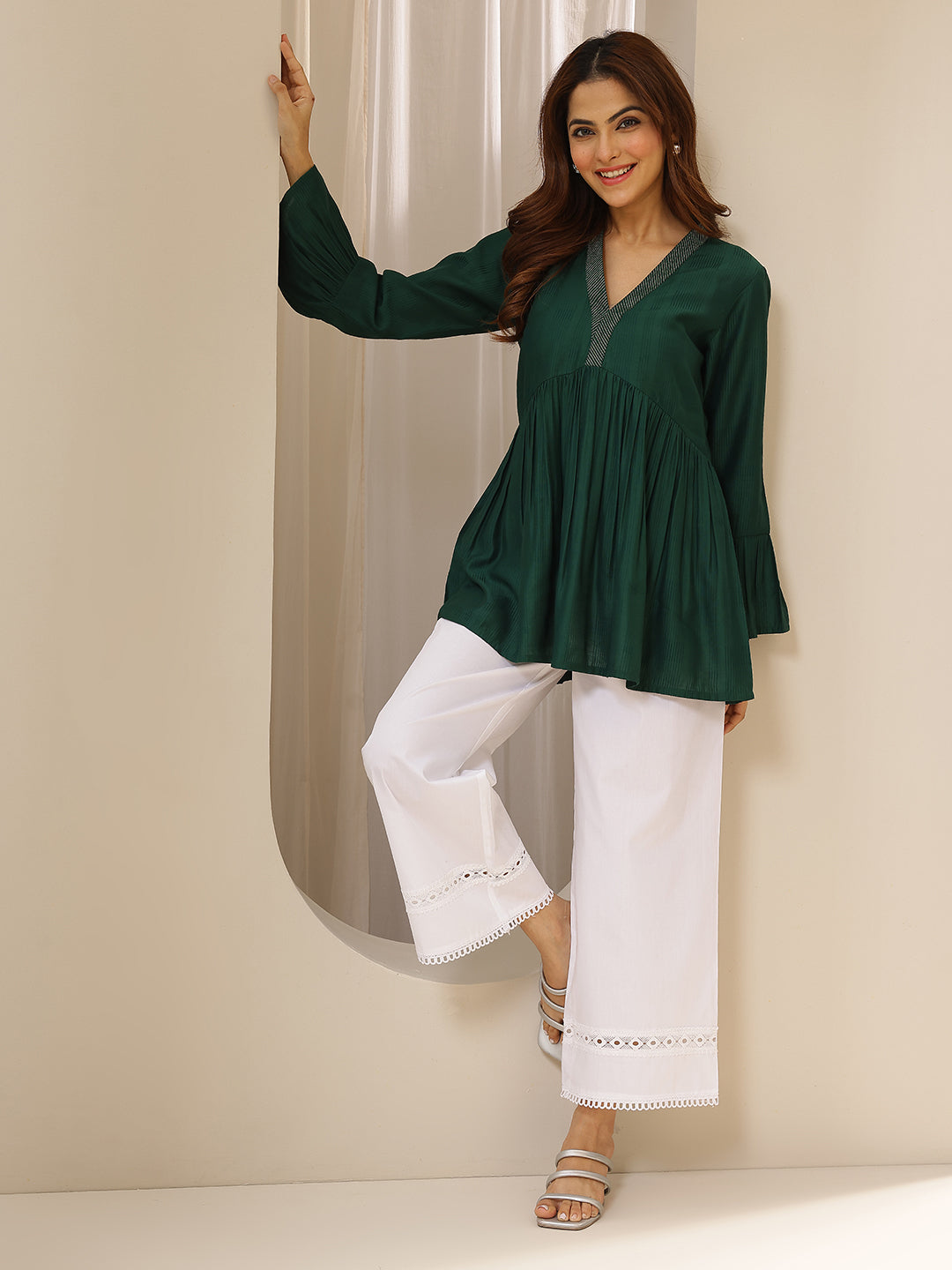  White Solid Cotton Palazzos 
