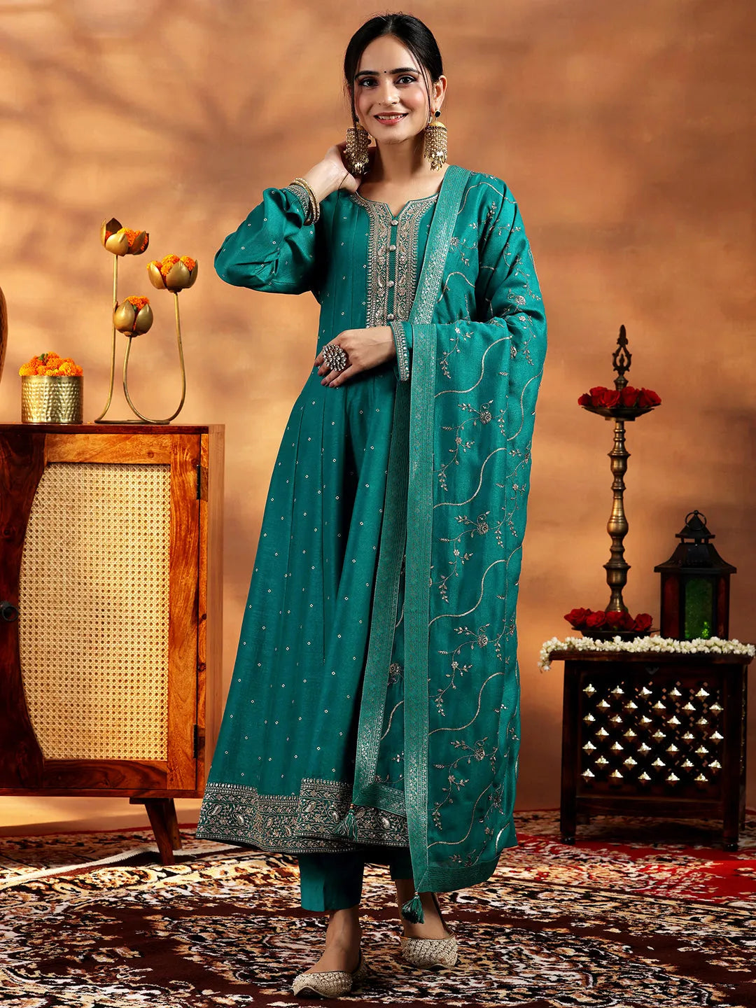  Rama Green Embroidered Silk Blend Anarkali Suit With Dupatta 
