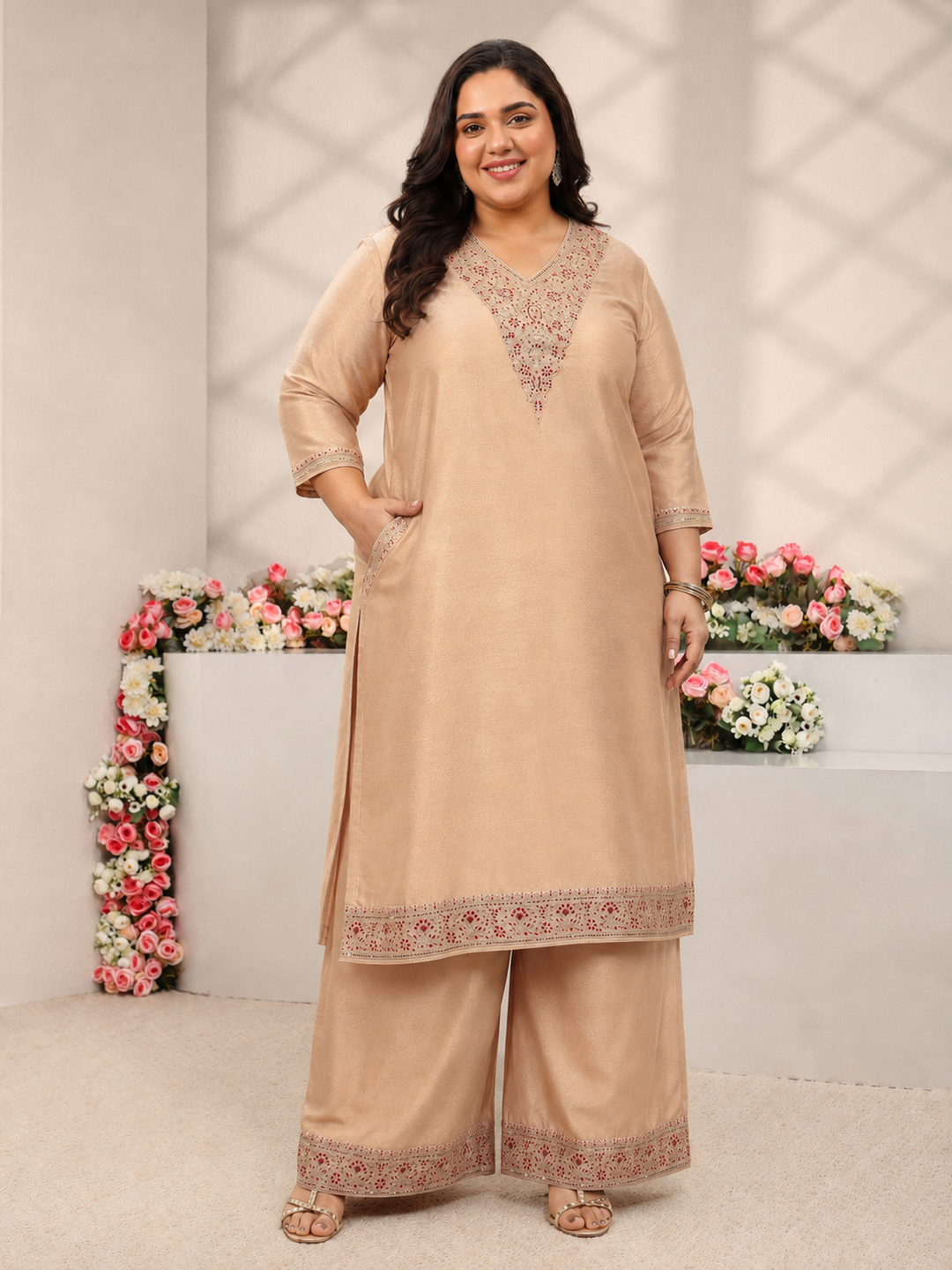  Plus Size Beige Floral Embroidered Silk Blend Straight Suit Set 
