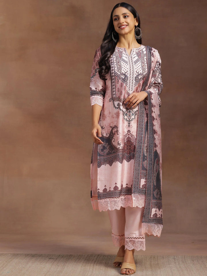 Pink Printed Silk Blend Straight Suit With Dupatta - Libas