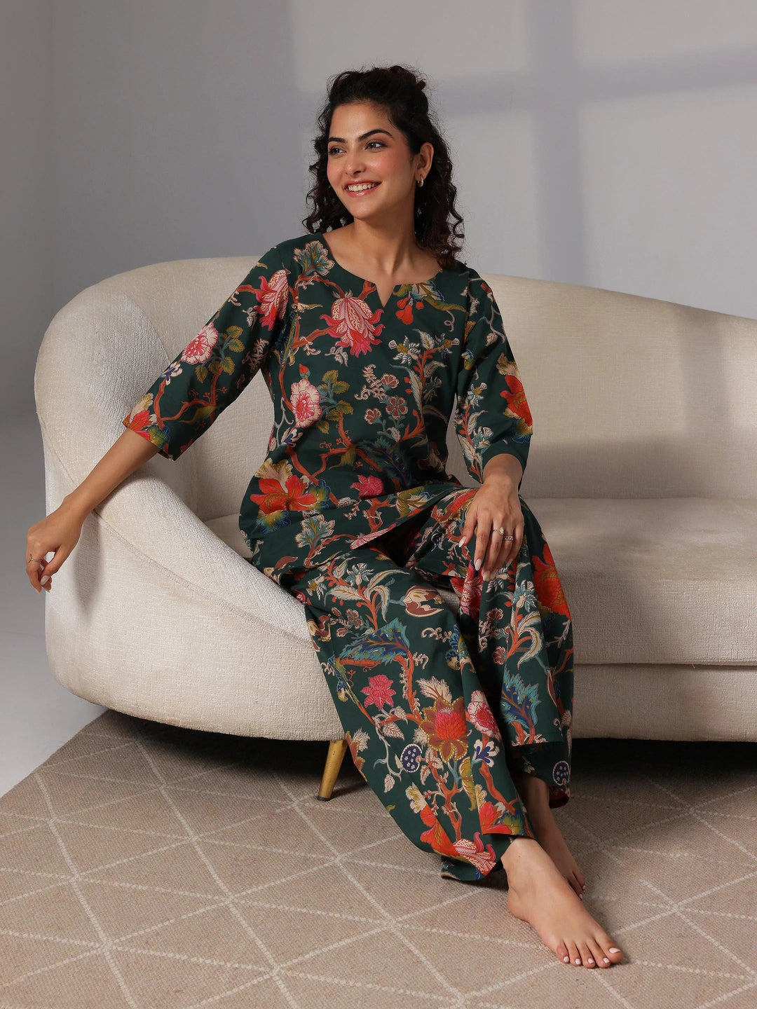 Green Printed Cotton Night Suits - Libas 