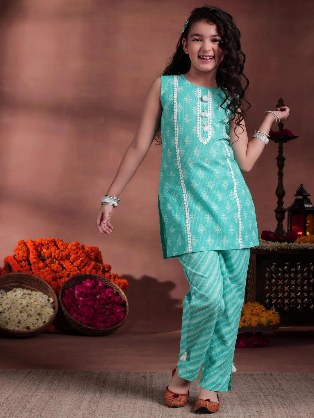  Kids Blue Printed Cotton Straight Top With Trousers 