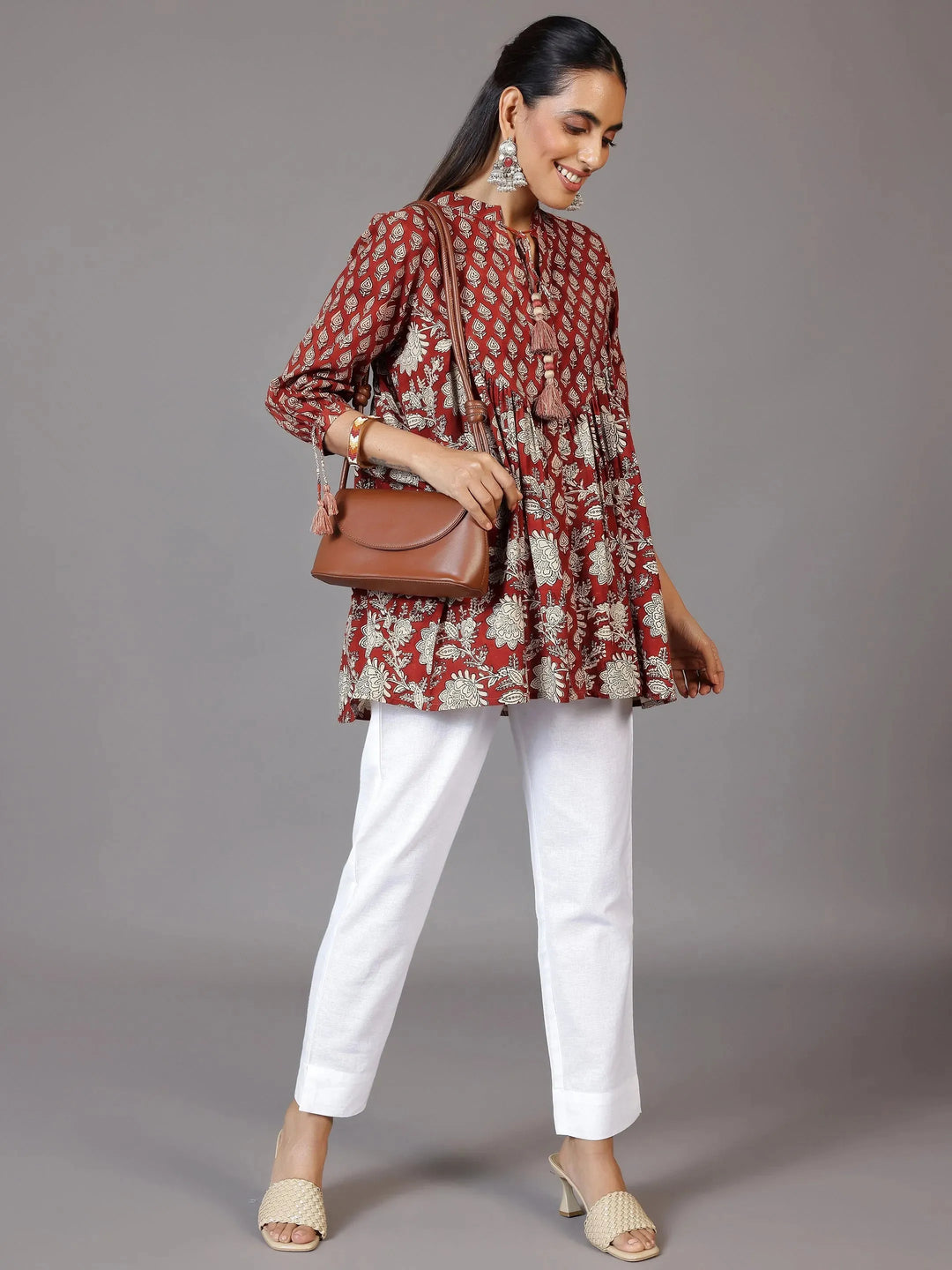  Rust Printed Cotton A-Line Kurti 