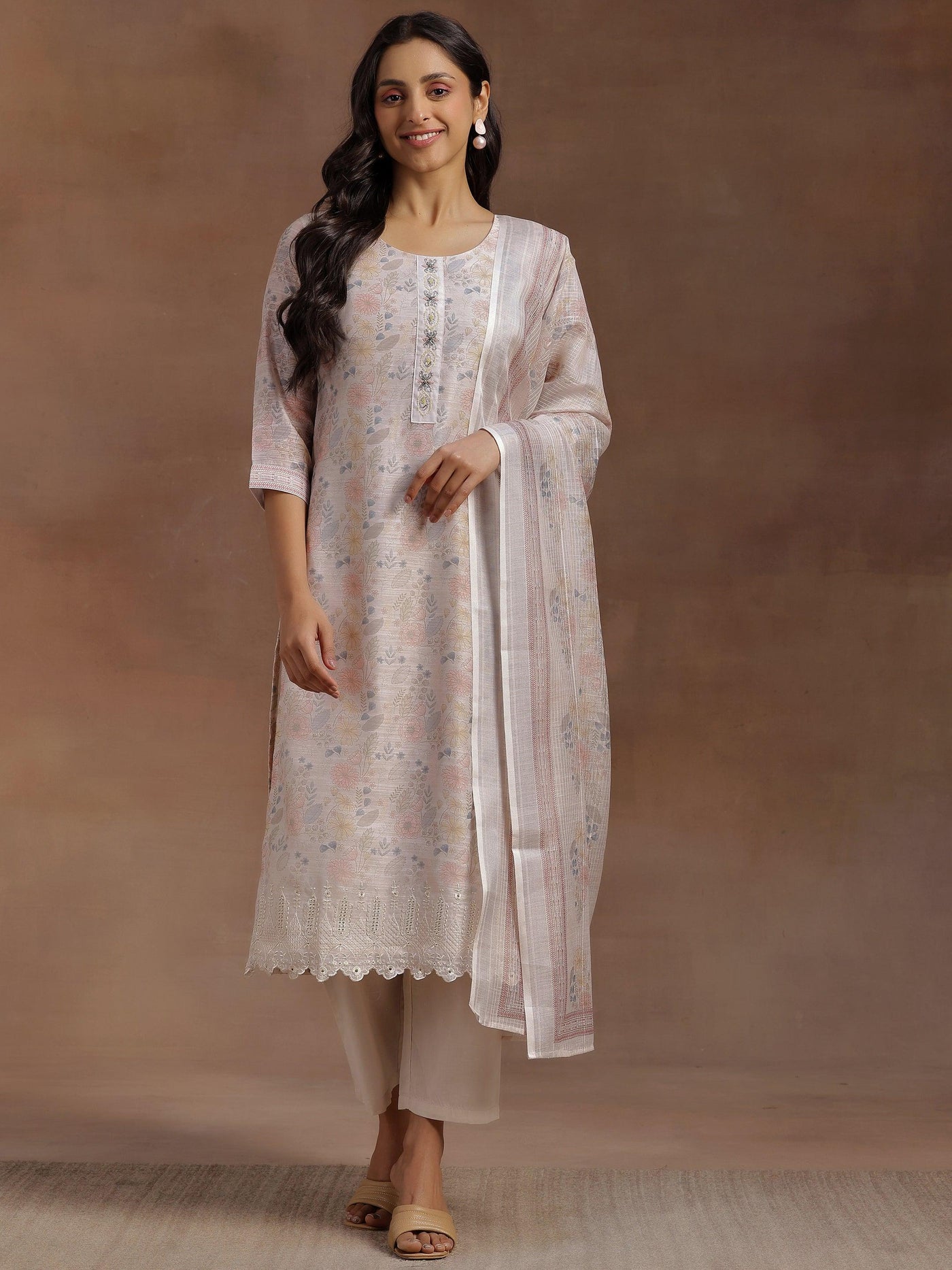 Beige Printed Chanderi Silk Straight Suit With Dupatta - Libas