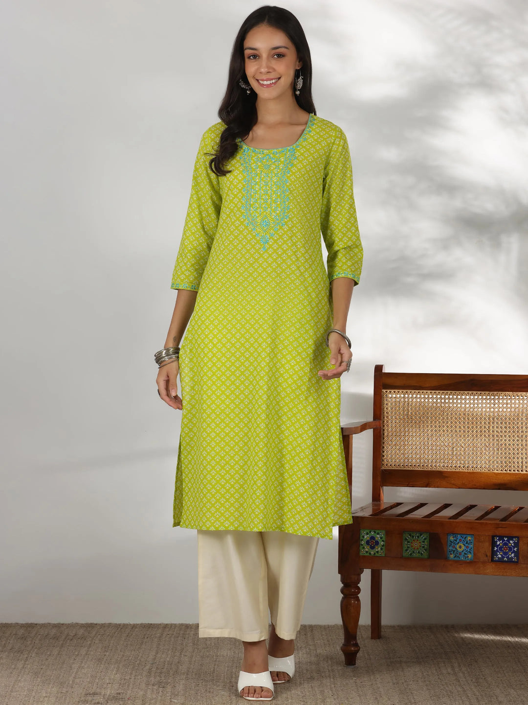  Green Printed Cotton Straight Kurta 
