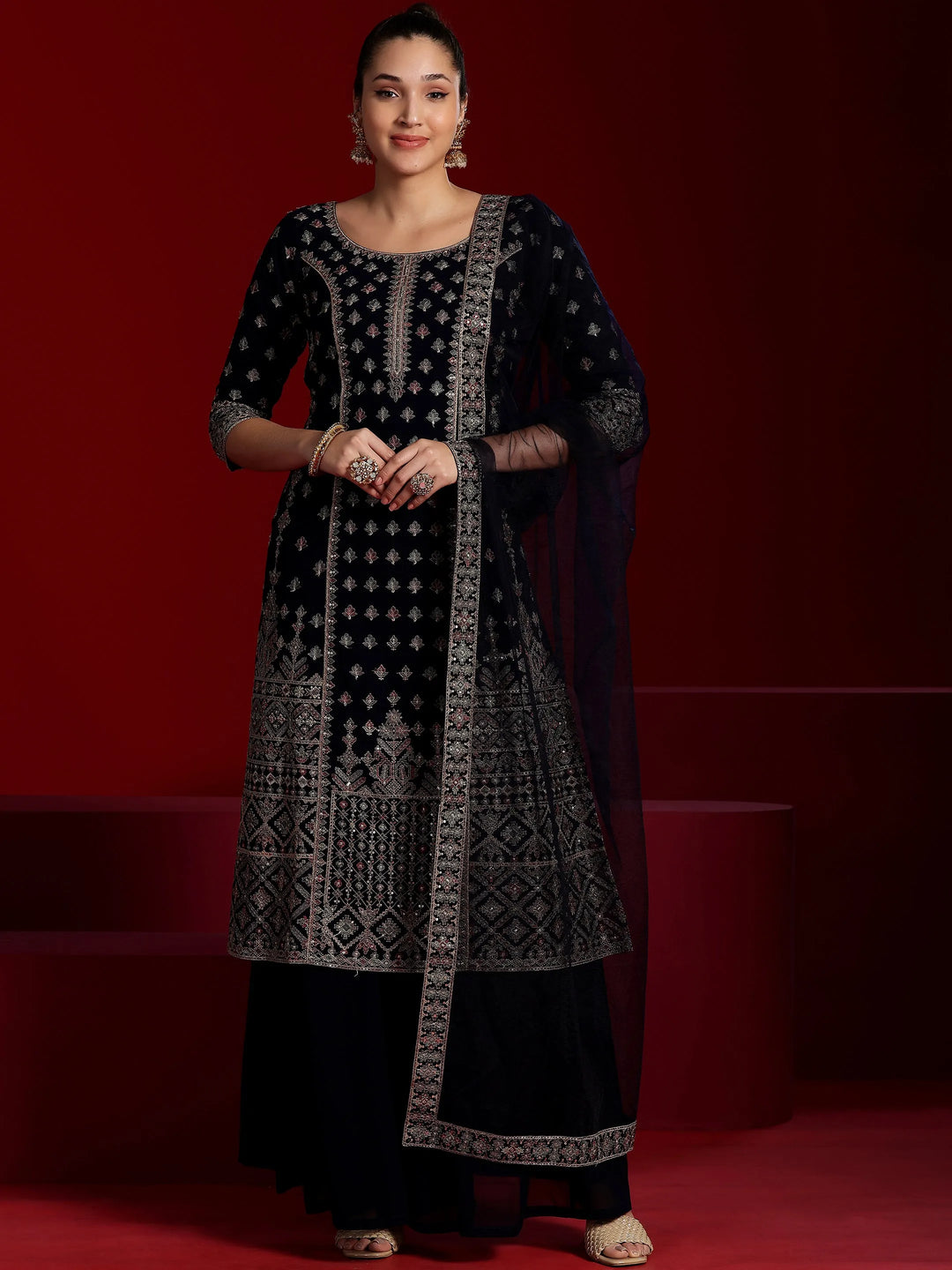  Libas Art Blue Embroidered Georgette Straight Suit With Dupatta 