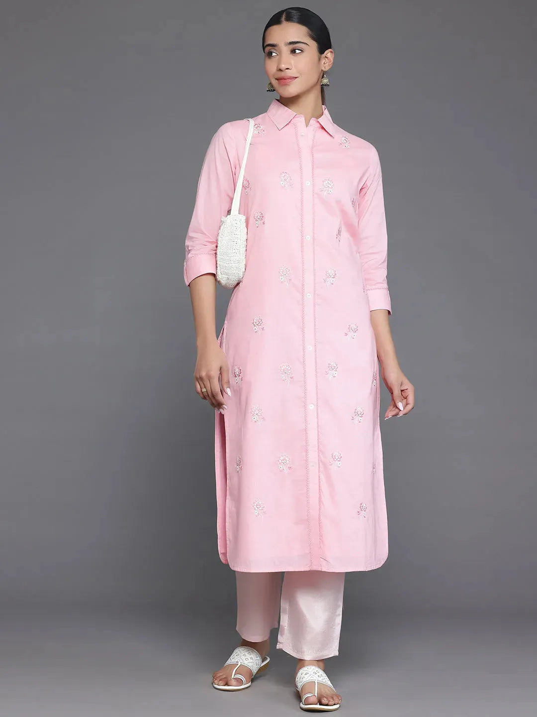 Pink Embroidered Cotton Straight Kurta