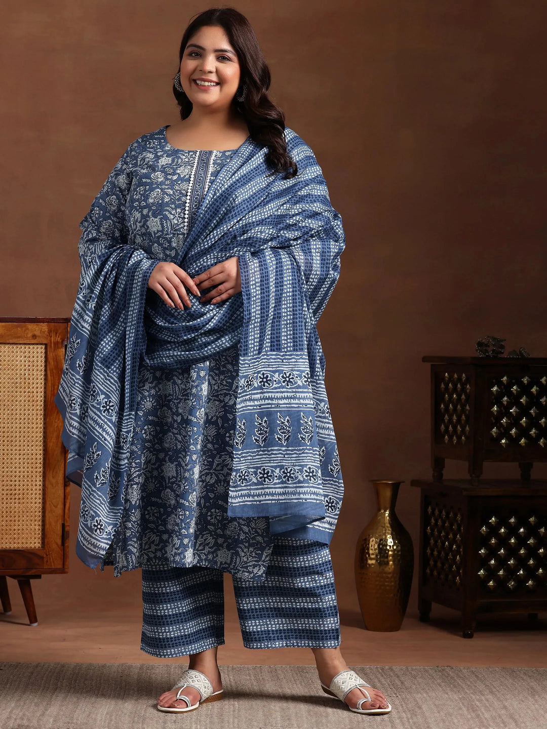  Plus Size Blue Printed Cotton Straight Suit With Dupatta 