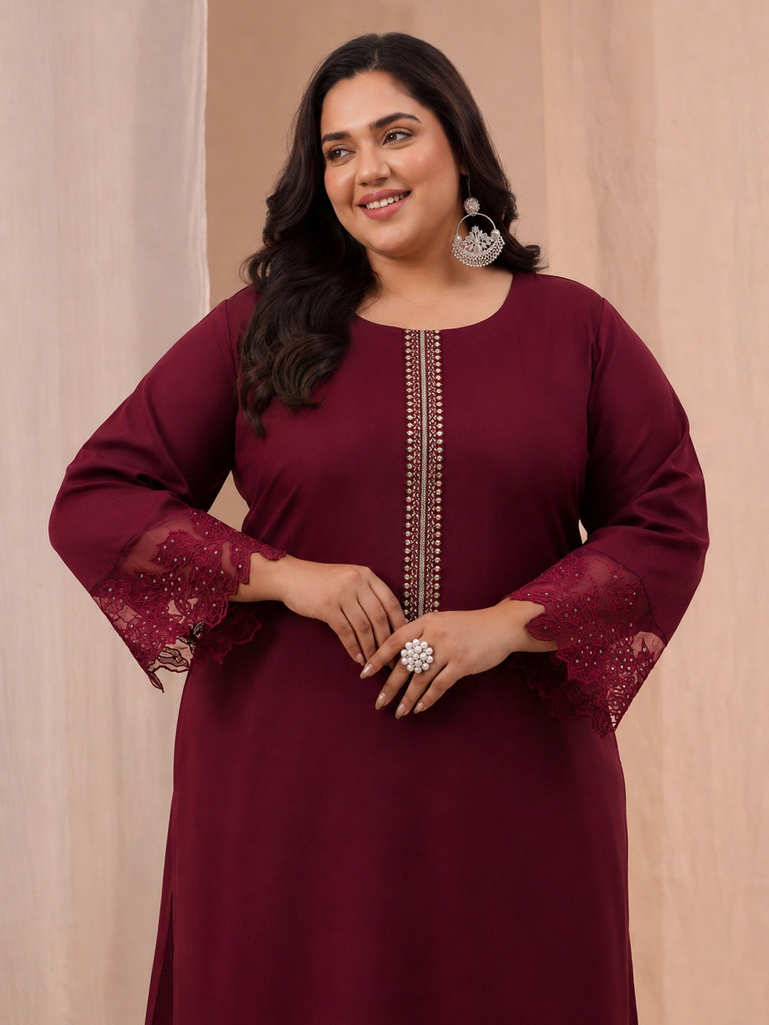  Plus Size Maroon Solid Silk Blend Straight Suit Set 
