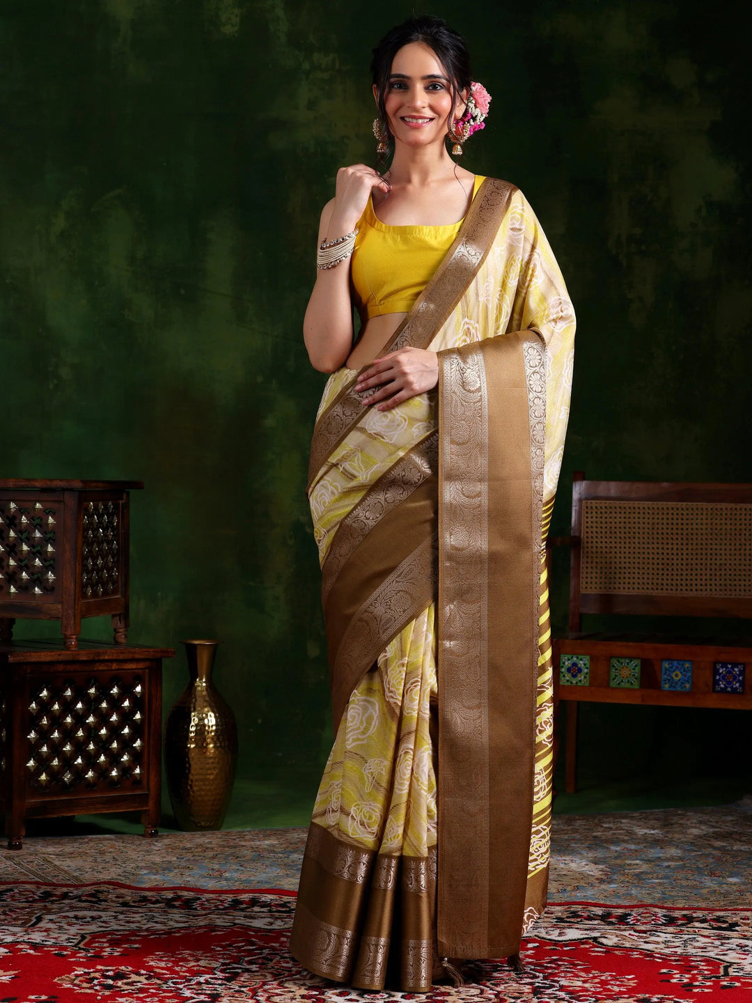 Khaki Brown Printed Silk Blend Saree With Unstitched Blouse Piece - Libas 