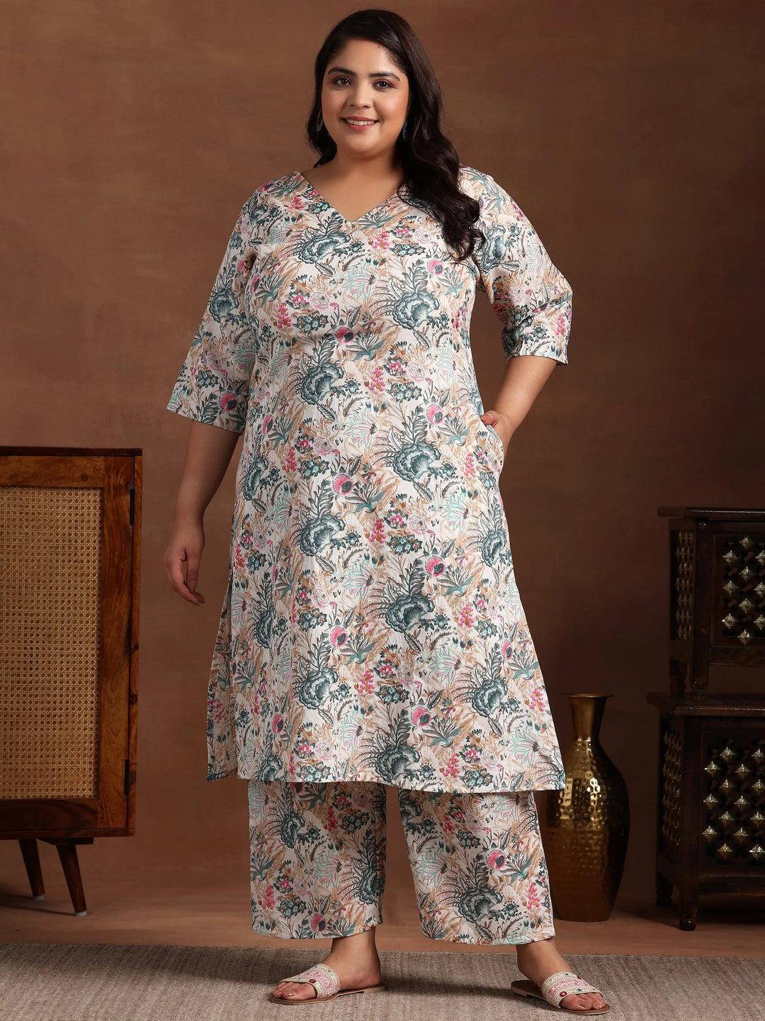 Plus Size Cream Printed Cotton Co-Ords - Libas 