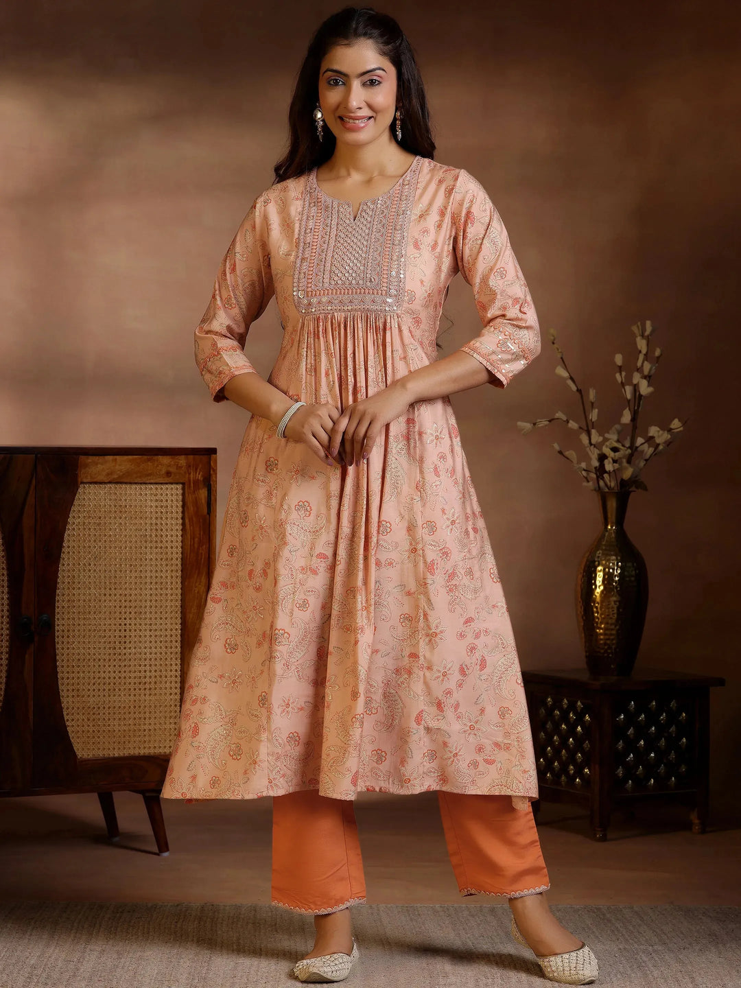  Rust Printed Silk Blend A-Line Kurta With Palazzos 