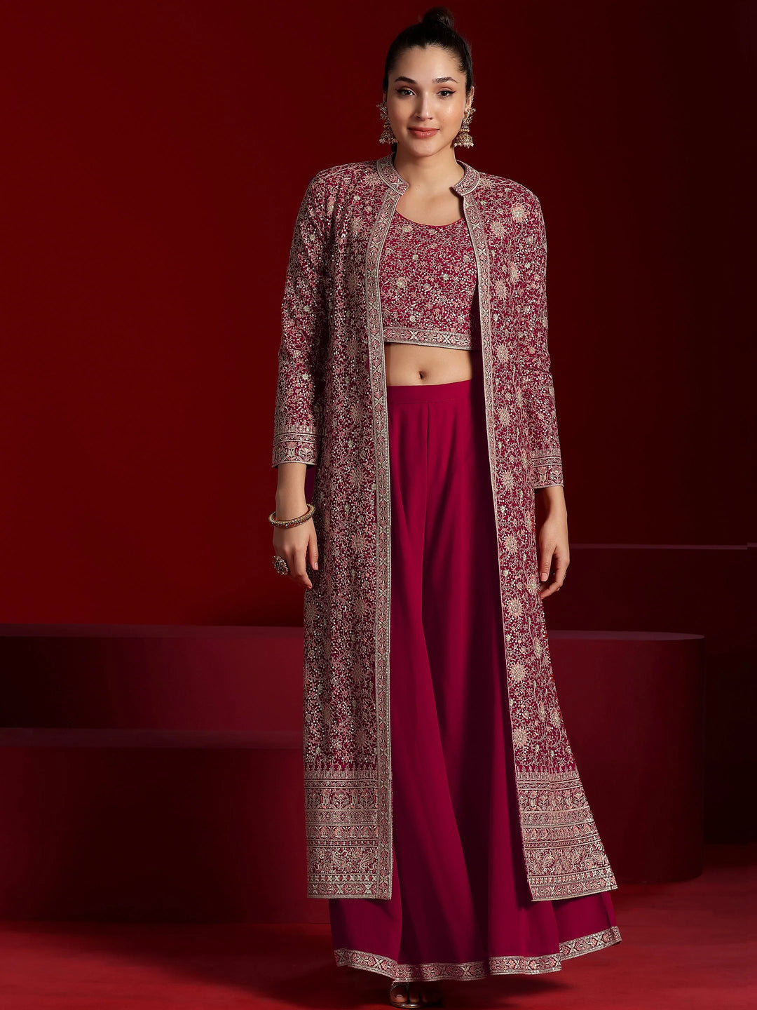  Libas Art Pink Embellished Silk Blend Co-Ords With Shrug 