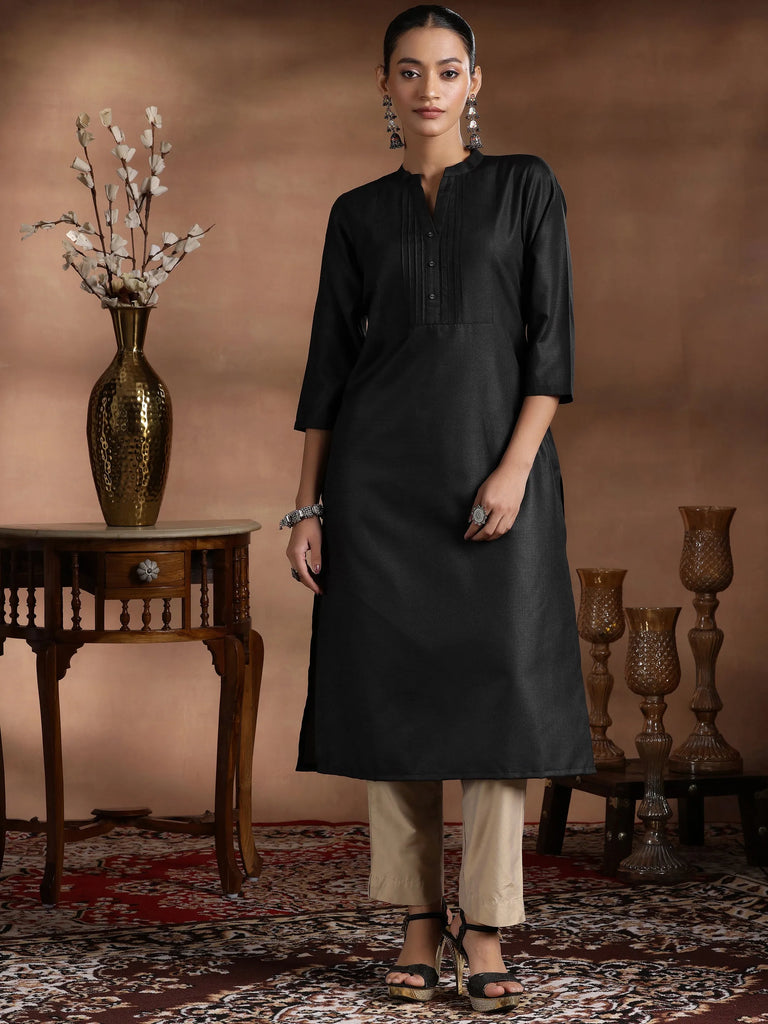 Libas Black Solid Cotton Blend Straight Kurta