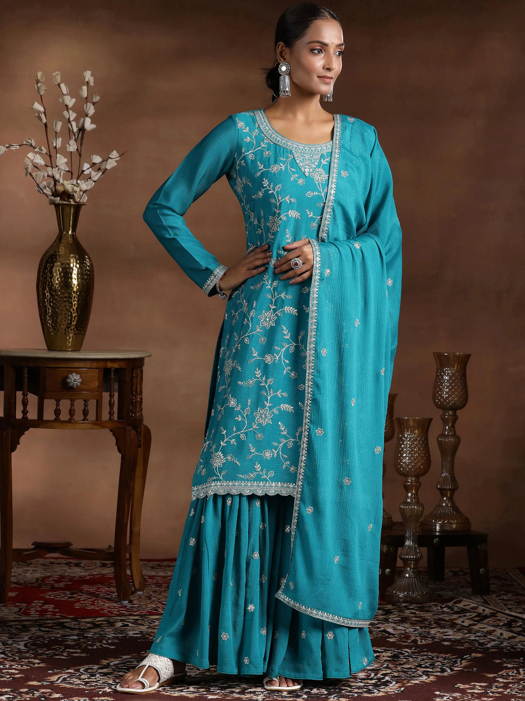  Rama Blue Embroidered Silk Blend Straight Suit With Dupatta 