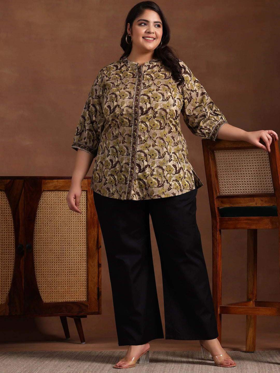 Plus Size Brown Printed Cotton Straight Kurti - Libas 