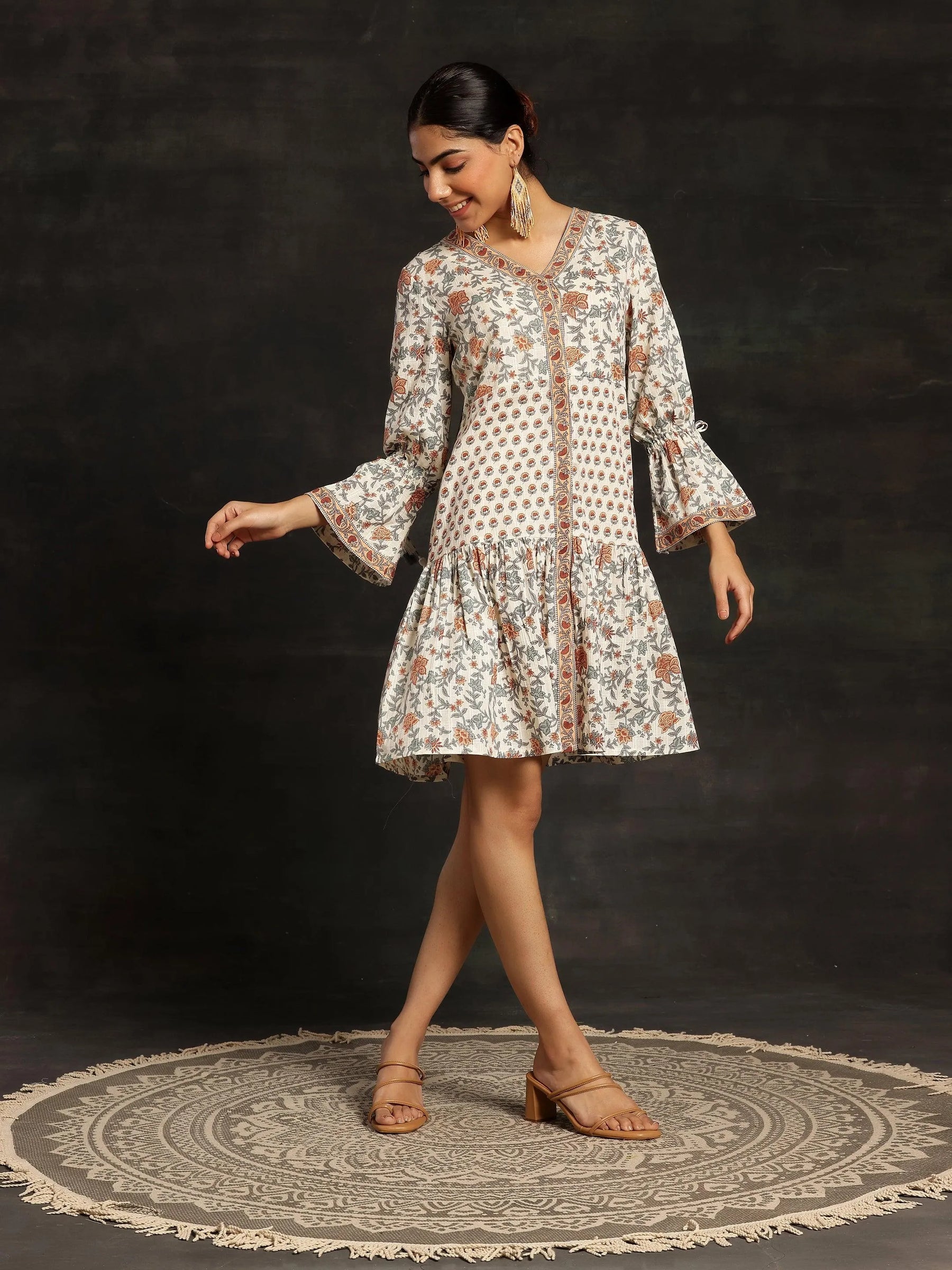 Beige Printed Cotton A-Line Dress