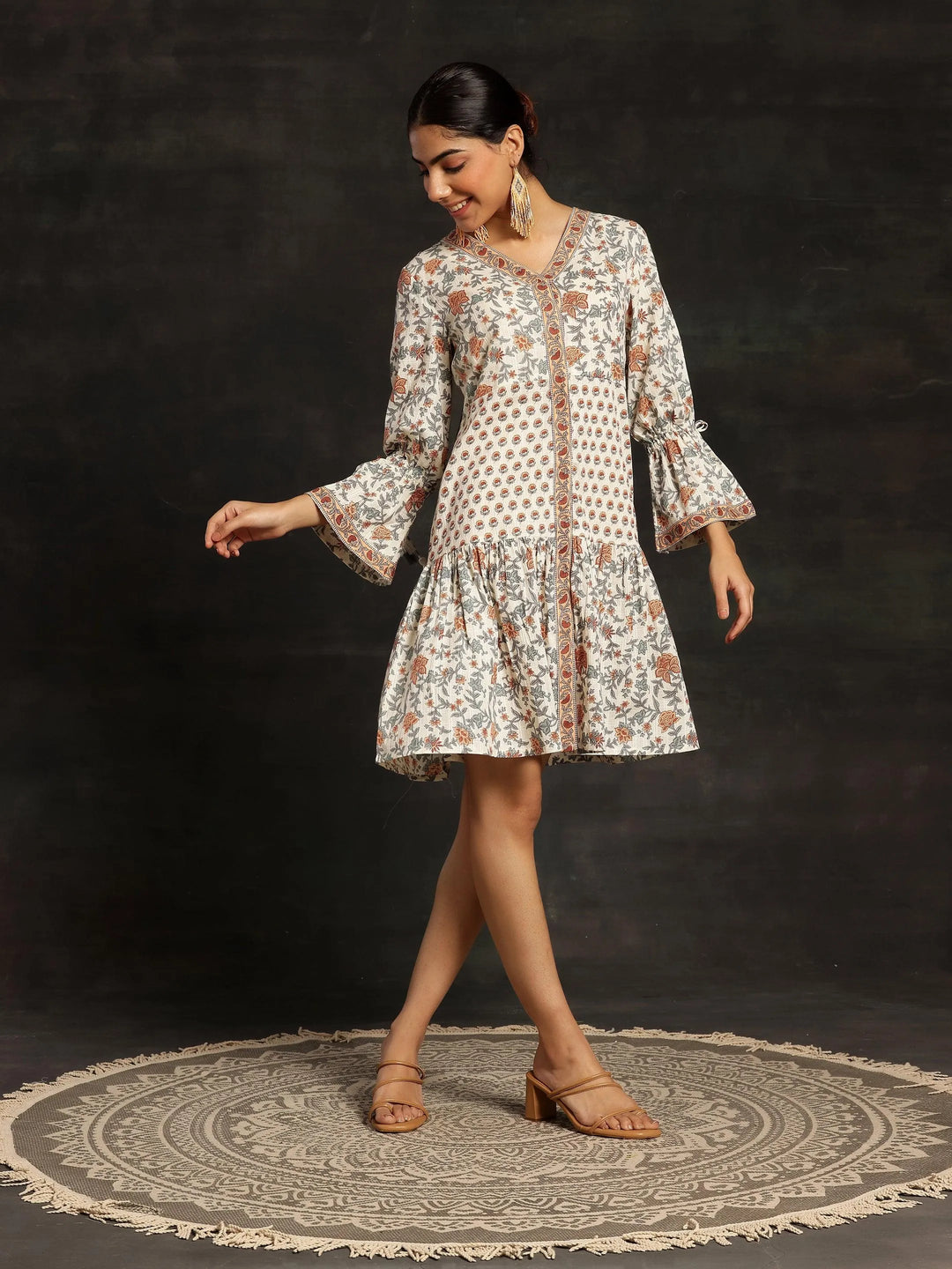 Beige Printed Cotton A-Line Dress - Libas