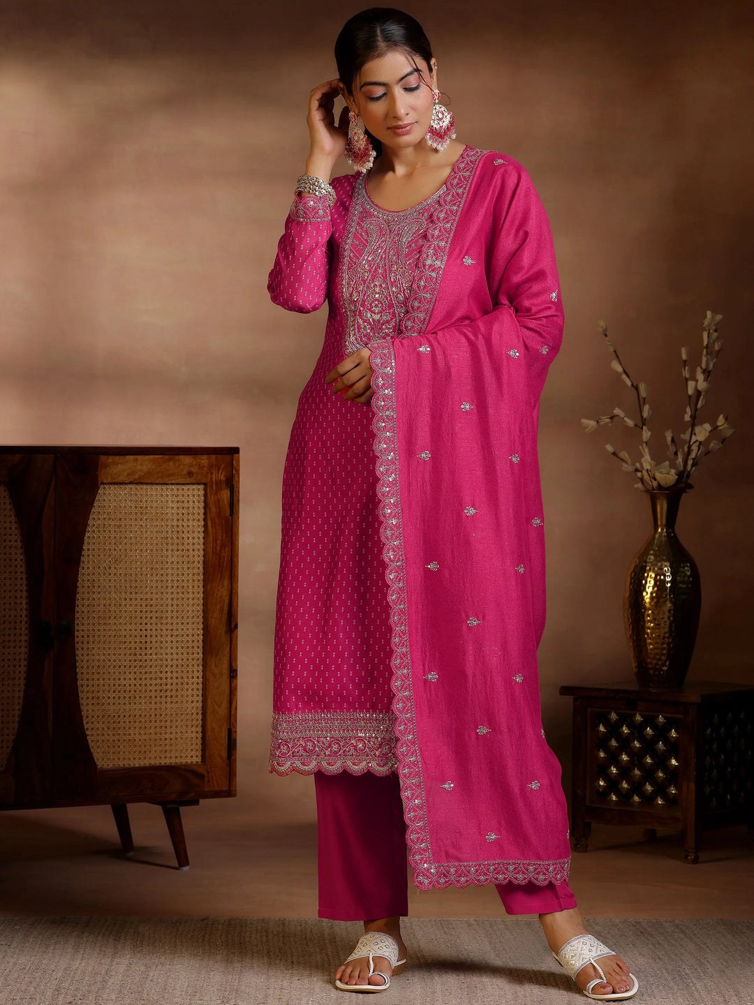  Pink Printed Silk Blend Straight Suit With Dupatta 