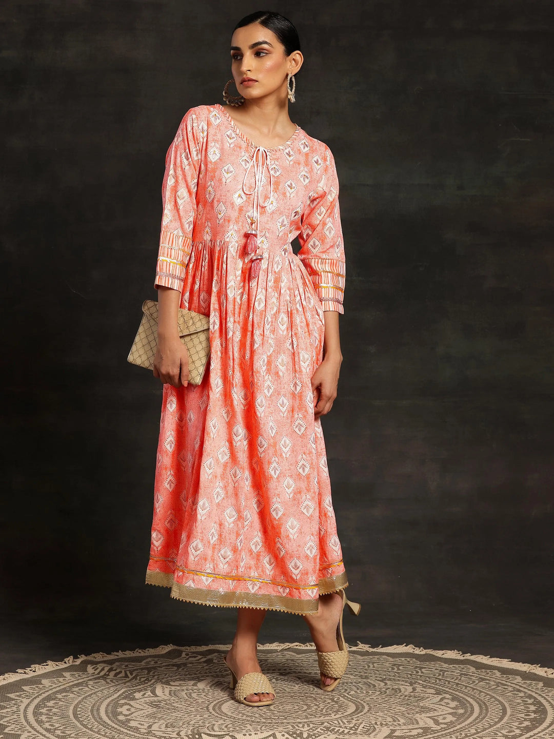 Peach Printed Cotton Fit and Flare Dress - Libas 