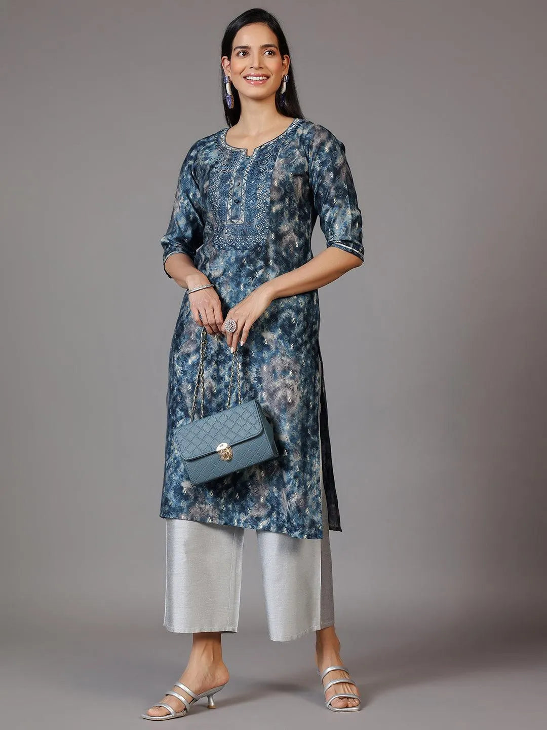 libas Navy Blue Yoke Design Silk Straight Kurta-picture-61