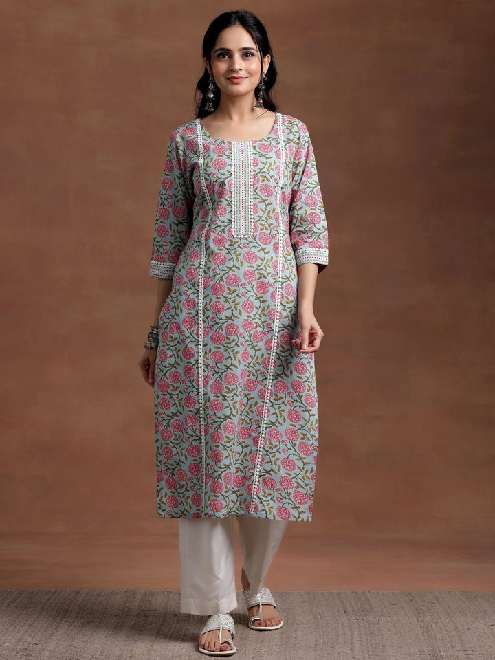 Blue Printed Cotton Straight Kurta - Libas