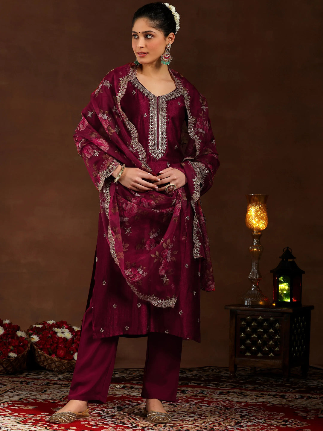  Maroon Embroidered Silk Blend Straight Suit With Dupatta 
