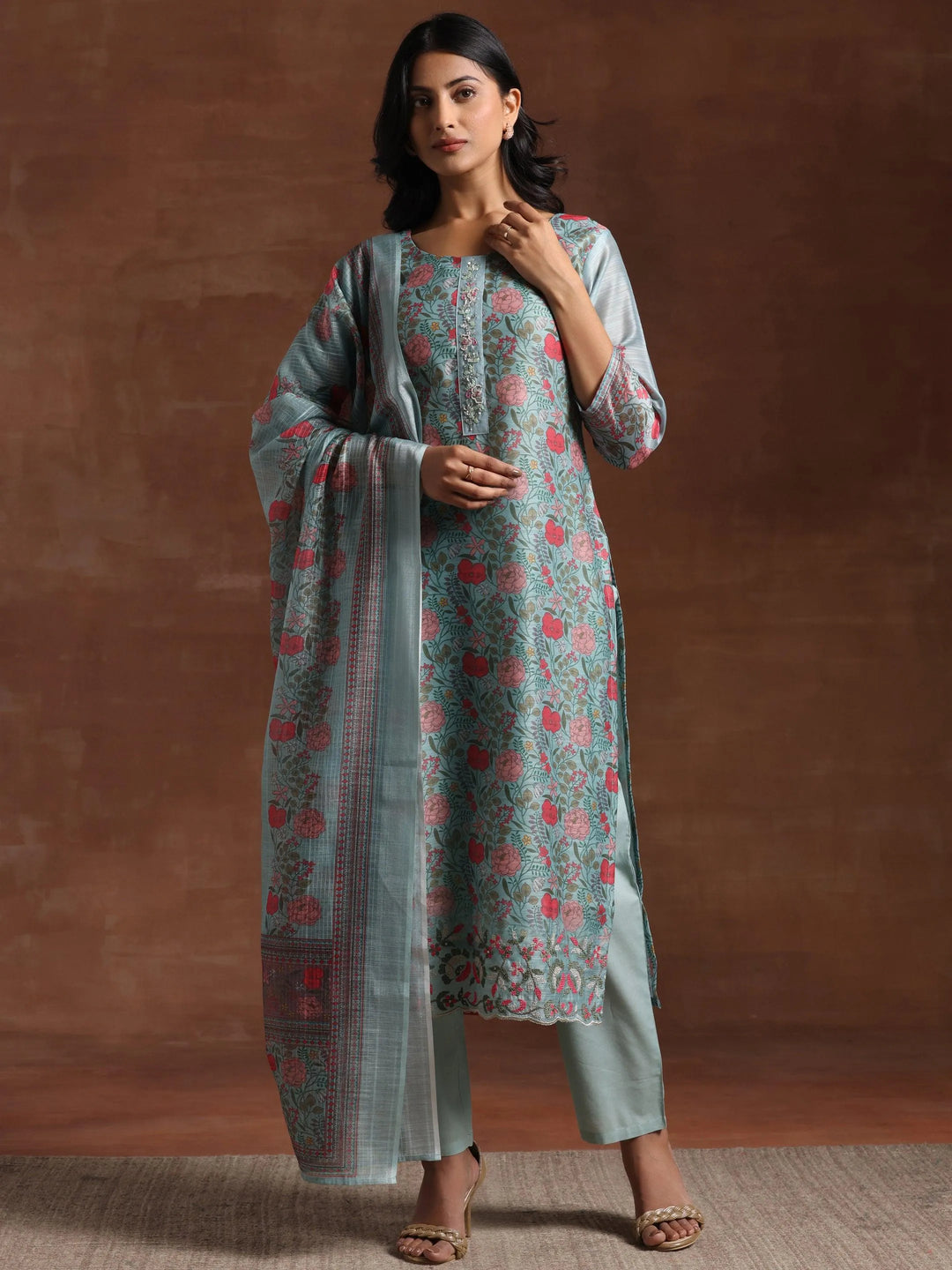 Green Printed Chanderi Silk Straight Suit With Dupatta - Libas 
