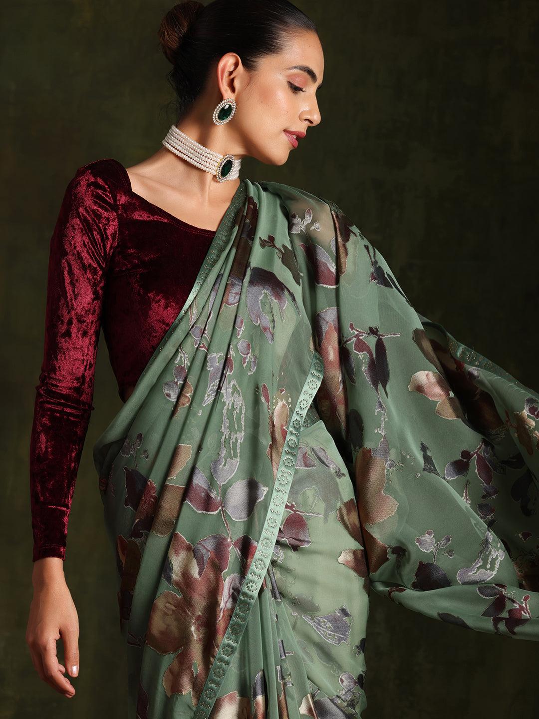 Green Printed Brasso Saree With Unstitched Blouse Piece - Libas