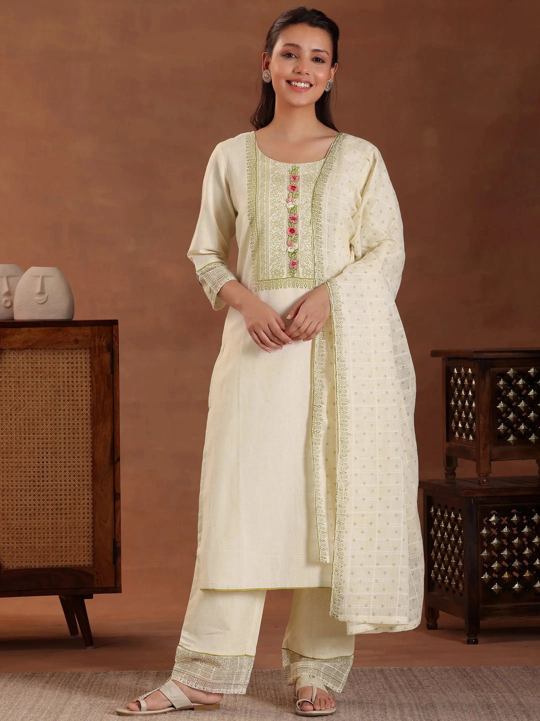  Off White Yoke Design Cotton Straight Suit With Dupatta 