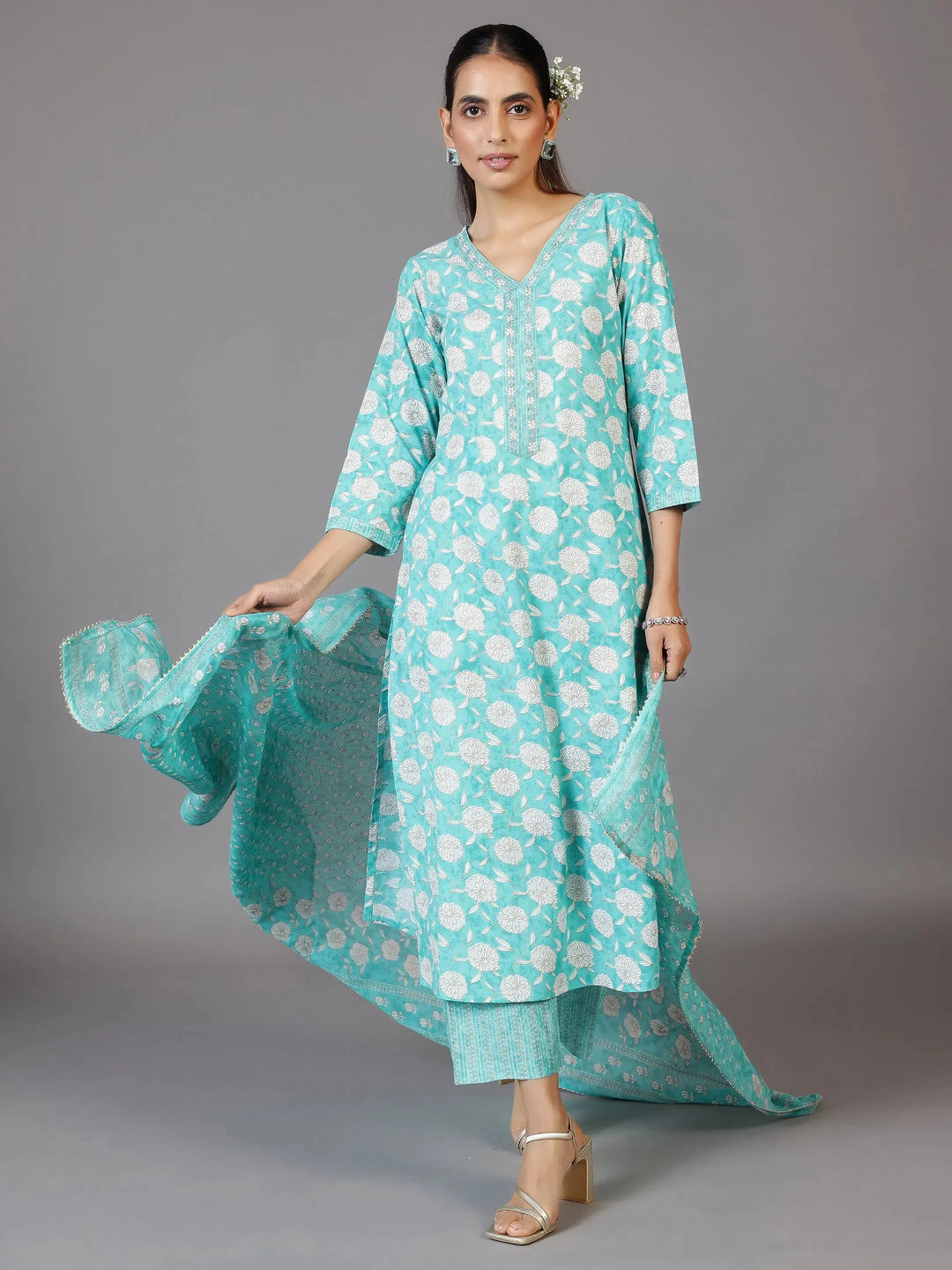  Turquoise Printed Cotton Straight Suit With Dupatta 
